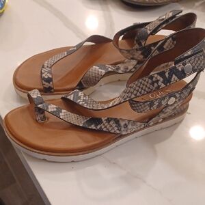 Franco Sarto Snake Print Sandals - Black and Cream